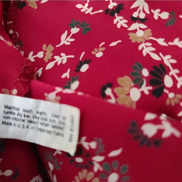 Vintage 80s Red Dainty Floral Cottagecore Deep V-Neck Midi Dress - Picture 10 of 16